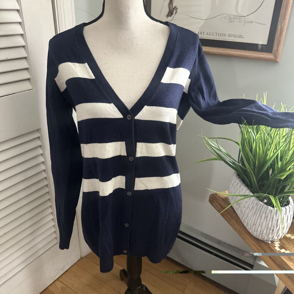 Gap Sweater Womens Medium Tall Blue White Striped Cardigan Long Line Preppy Chic